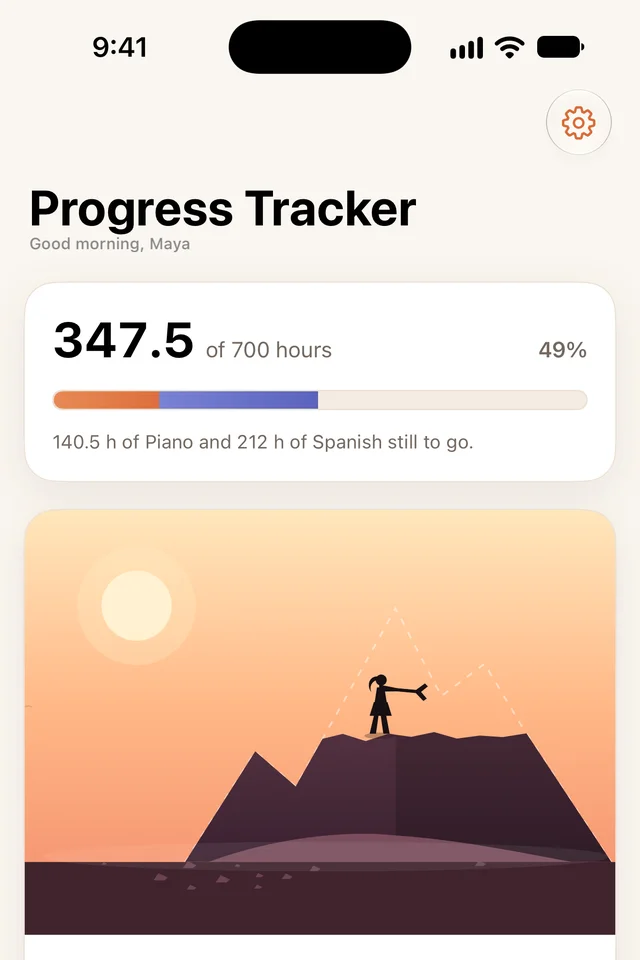 The app's dashboard: 347.5 of 700 hours logged, with a mountain for the Piano goal.